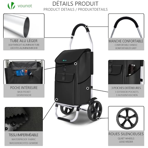VOUNOT Einkaufstrolley Klappbar aus Aluminium mit 45L Wasserdichter Tasche, 2 Extra große Räder mit Schutzblech, Faltbarer Einkaufswagen, Treppensteiger Trolley, Schwarz – Bild 3