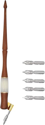 Miniatura 2 de XIAOYU Juego de bolígrafos oblicuos de madera, juego de caligrafía para principiantes, 5 puntas de caligrafía, marrón