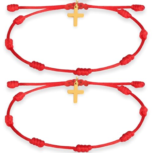 String Bracelet for Women & Men – Kabbalah Protection Jewelry with 7 Knots and Christian Cross Design, Adjustable Spiritual Gift, Friendship Wristband for Good Luck (Pulsera Roja para Mujer)