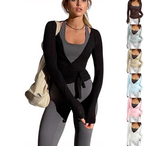 Frauen Y2k Ballett Wrap Top Langarm Tiefer V-Ausschnitt Slim Fit Yoga Pilates Ballet Workout Tops Sexy Blickdichter Wickeloberteil Weiches Bandage Shirt Einfarbig Wickelbluse Dancewear Tanzbekleidung