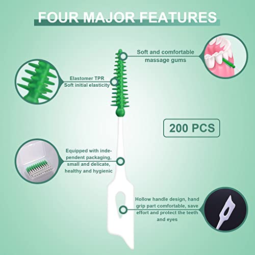MIVAIUN 200 Stück Interdentalbürste Weiche Silikon adaptive Interdentalbürste Zahnzwischenraum Bürste Rücklaschbürste Tragbarer Dual-Use Zahnseide Stick für Reiniger Zahnreinigung Werkzeug (Grün)