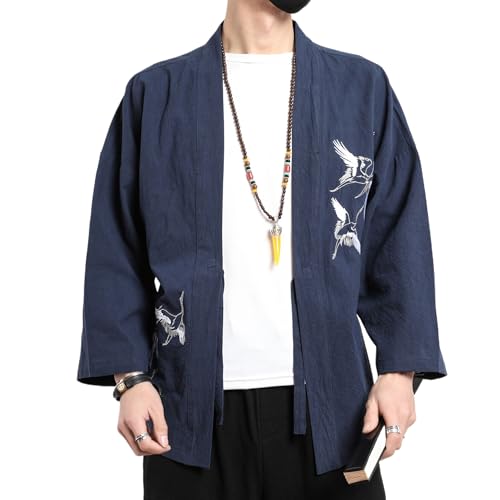 Image of Men's Japanese Kimono Cardigan Loose Cotton Linen 3 /4 Sleeve Open Front Casual Summer Shirt Jackets