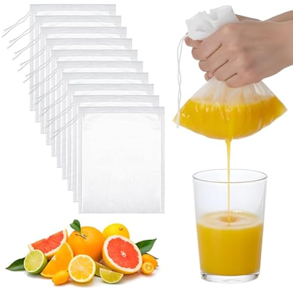 10 sztuk worków na mleko orzechowe, wielokrotnego użytku, nylonowe worki do odcedzania soków, 19.99 x 15.01 cm, 200 siatek, białe worki z rzemieniem do napojów, do odcedzania wina, soku