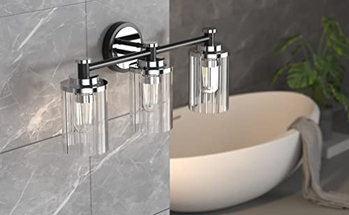 Image of Bathroom Lighting Fixtures Black and Chrome Bathroom Vanity Light with Cylindrical Clear Stripes Glass Lampshade E26 Socket Base Bathroom Lighting Fixtures Over Mirror (3 Lights)