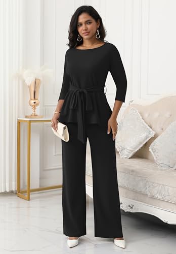 CLOCOR Women\'s 2 Piece Outfits Suit Set 3/4 Sleeve Peplum Top Flared Pants Sets Business Pantsuits - Thumbnail 6