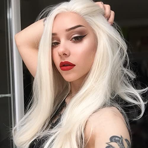 Perruque synthétique longue ondulée blonde platine 61cm résistante chaleur femme
