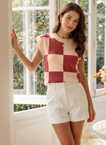 Image of EVALESS Short Sleeve Sweater for Women Crewneck Color Block Knit Tops 2026 Summer Trendy Cap Sleeve Sweater Vest