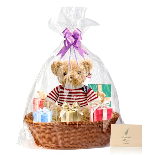 Boensi Geschenkkorb, 38x28x12 cm Präsentationskorb leer mit 1x Korb, 4 x Schleifen,1 x Cellophan-Beutel,1 x Grußkarte für Weihnachten, Geburtstage, Hochzeiten, Ostern