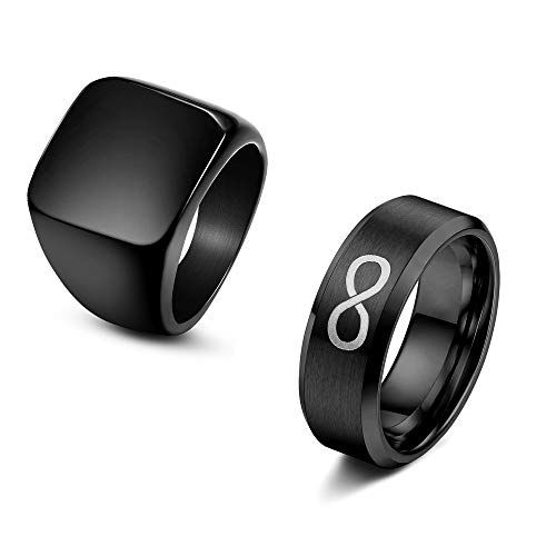 FINREZIO 2PCS Black Signet Ring Infinity Band Rings Set for Men Stainless Steel Glossy Matte Finish Beveled Polished Edge Comfort Fit Husband Father Gift