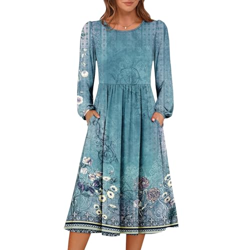 Herbstkleid Damen Boho Blumen Kleid Rundhals Langarm Tunika Midikleid A Linie Herbstkleid Knielang Festliche Kleider Herbst Freizeitkleid Elegant mit...