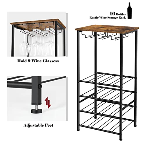 Wine Rack Freestanding Floor, Rustic Wine Holder Stand With Wine Storage And Bottle Shelf, 16 Bottles Floor Wine Rack Shelf For Kitchen Dining Room, Office, Bar, Rustic Brown #TOP3
