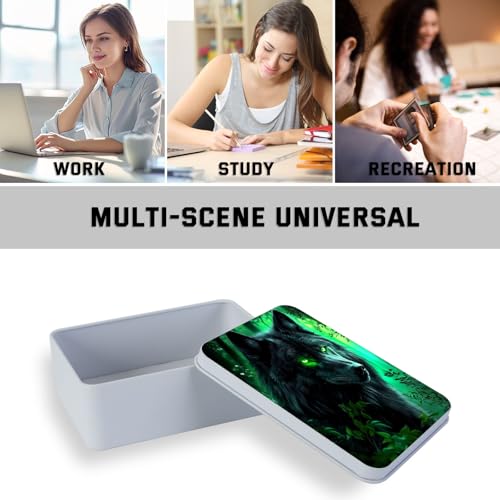 Image of Metal Tin Box with Lid,Multi-functional Storage Box Can Store Tea Biscuits Game Cards, Playing & Tarot Cards-Comes with 4 Magnetic Cord Clips,Wolf with Glowing Green Eyes