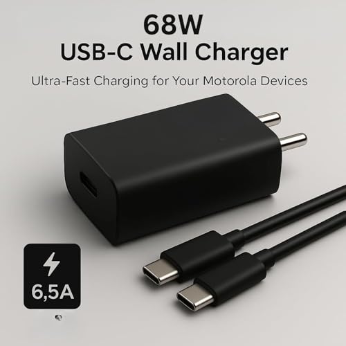 Image of Original 68W Motorola TurboPower Type-C Wall Charger + 1 M 6.5 Amp Cable, Gan Tech, Fastest for Moto Edge 60 Ultra, 60 Pro, 60 Fusion, 50 Ultra, 50 Pro, 50 Fusion, Moto G85, G73, G40, Tablet, Black