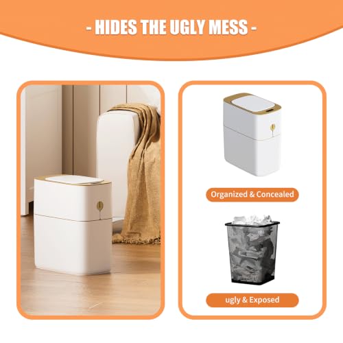 Image of funest Smart Bathroom Trash Can with Lid, 3.6 Gallon Slim Motion Gold Sensor Garbage Bin with Inner Bucket, Trash Can with Lid Waterproof for Kitchen Office