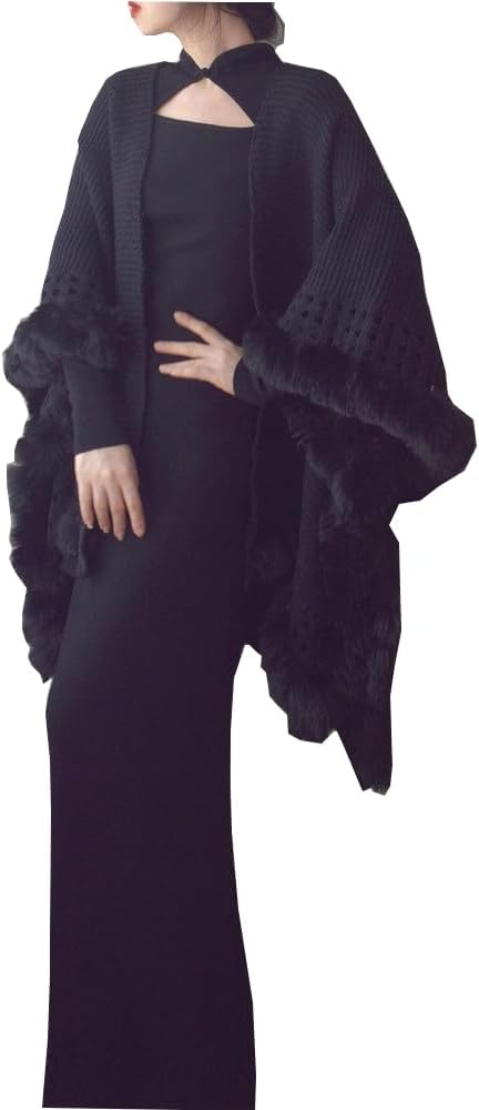 Women's Fashion Knitted Faux Fur Wraps Shawls Stoles Cape Outwear Coat Winter Warm Cloak