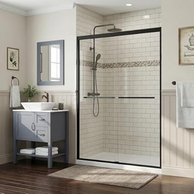 Goodyo Glass Shower Door 44-48 in. W x 72 in. H, Double Sliding Easy-Cleaning 1/4'' (6mm) Clear Tempered Glass, Frameless Bypass Shower Door for Small Bathroom Matte Black