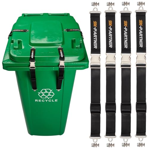X-partner 4PCS Heavy-Duty Bear Proof Trash Can Locks - Animal-Proof Garbage Can Lid Straps for 28-96 Gallon Outdoor Bins, Secure Locking Buckle Against Raccoons & Wildlife - Black