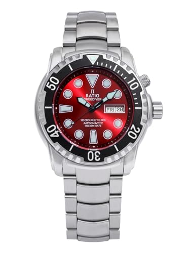RATIO FreeDiver Helium-Safe Dive Watch Sapphire Crystal Analog Red Dial Japanese Automatic Diver Watch 1000M Water Resistant Diving Watch for Men (Red)