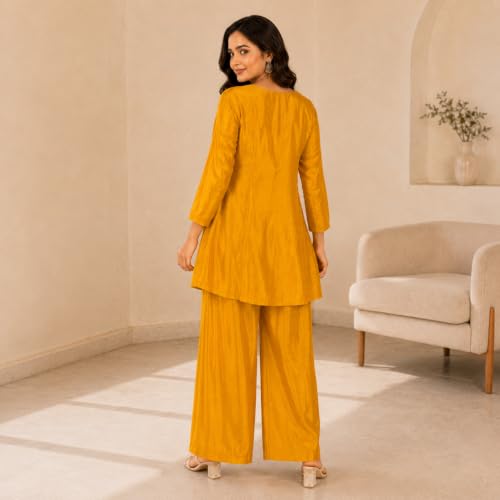 Image of Embroidered Sharara Set for Women | Roman Silk Short Kurta with Flared Sharara Pants | Designer Festive Ethnic Wear Suit Set for Weddings, Sangeet & Celebrations