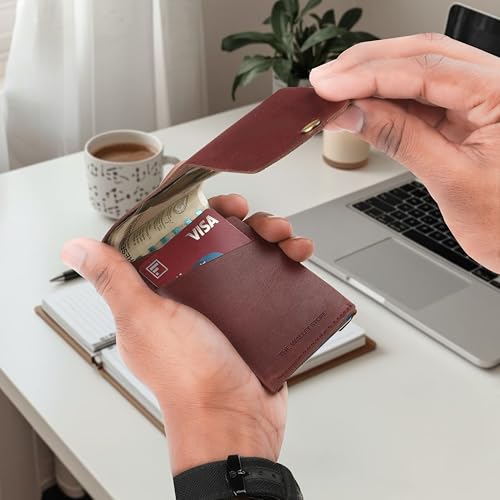 Image of The Wallet Store Flip Genuine Leather Vertical Slim Wallet for Men | Pull-String Quick Card Access | Compact Front Cash Pocket & Button Lock | Minimalist Travel & Daily Carry Wallet (Wine)
