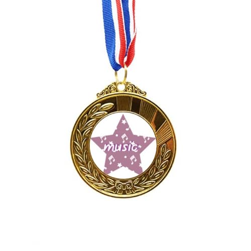 Medalla de música con estrellas moradas y cinta de primer puesto dorada