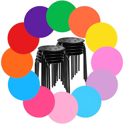 Image of Lounsweer 10 Pcs Black Commercial Furniture Stacking Stools for Classroom 24 Pcs 12 inch Colorful Dry Erase Dots Circles Portable Nesting Office Stools Removable Stickers Spots Wall Decals