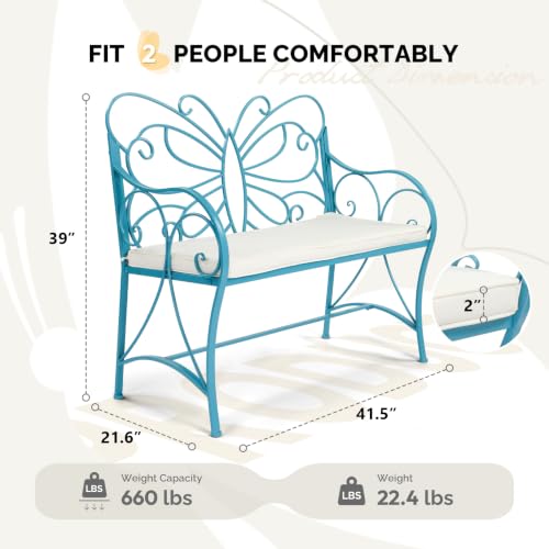 Image of VINGLI 38.7in Cast Iron Outdoor Bench with Cushion, All Weather Resistant Metal Bench with Curved Armrests and Butterfly Pattern Backrest, 1-2 Person Patio Bench for Garden Porch Park Yard (Blue
