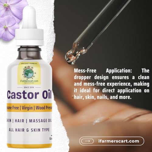 Image of Wood Pressed Castor Oil -50 ML Glass Dropper | Pure Cold-Pressed Arandi Oil | Edible Grade | Hair Growth, Skin Care, Eyelashes, Nails | Native Castor Seeds from Tamil Nadu | 100% Natural by Farmers Society (50 ML)