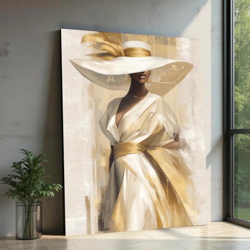 Tableau moderne pour salon : art mural abstrait doré et portrait de femme élégante