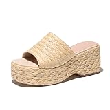 Ancomafio Platform Espadrille Sandals for Women，Raffia Sandals Platform Slip on Wedges Slides Bohemia Sandals Flatform Open Toe Beach Sandals Outdoor Size 8 Apricot