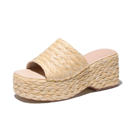 Image of Ancomafio Platform Espadrille Sandals for Women,Platform Slip on Wedges Slides Bohemia Sandals Flatform Open Toe Beach Sandals Outdoor