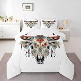 Bull Skull Comforter Set Queen Size,Buffalo Sugar Skull Bedding Sets for Kids Boys Teens Adult Bedroom Decor,Western Horned Animal Down Comforter Exotic Cow Print Boho Quilt Set,2 Pillowcases