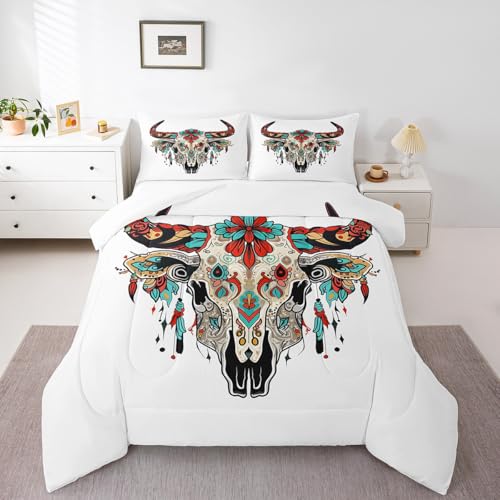Bull Skull Comforter Set King Size,Buffalo Sugar Skull Bedding Sets for Kids Boys Teens Adult Bedroom Decor,Western Horned Animal Down Comforter Exotic Cow Print Boho Quilt Set,2 Pillowcases