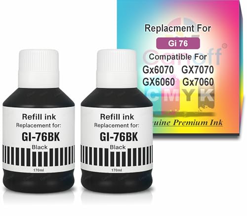 Image of CANOFF GI-76 GI 76 GI76 Refill Ink Bottle Compatible for GX6070, GX7070, GX6060, GX7060 Printers | High Yield Ink - Black 170ml | Premium Print Quality (Gi-76 Black 2pc.)
