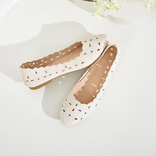 Image of Shupua Womens Flats Ballet Flats for Women Comfortable Slip on Dress Shoes | Dressy Casual Loafers, Breathable, Summer, Round Toe, PU Leather, Floral Eyelets, Comfort, Close Toe, Ladies