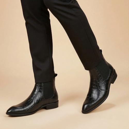 Image of Hayes London Chelsea Boots for Man | Crust Leather Black Ankle Boots | Cuban Heel Pointed Toe Stylish Formal & Casual Boots for Men | Slip-On Elastic Side Panel