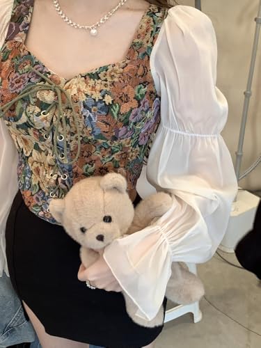 Image of ICW Women French Style Retro Vintage Lace-Up Floral Jacquard Square Neck Smock Puff Sleeve Ruffled Crop Blouse Corset Top Dn29