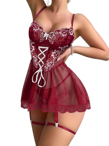 Image of Lilosy Sexy Garter Belt Mesh Lace Babydoll Lingerie Dress Set with Thong