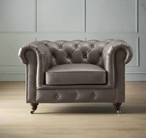 Image of UMAR ARTS Luxury Chesterfield Leatherate Sofa Set, Tufted Genuine Leatherate, Classic Living Room Furniture (1 Seater Grey)