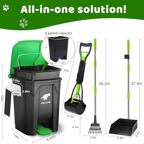 Image of Dog Poop Trash Can Outside with Pooper Scooper and Metal Rake & Tray, 20L /5Gal Dog Waste Trash Can with Lid, Pedal and Removable Inner Waste Bin, Pet Poop Bin with 100 Bags, Green