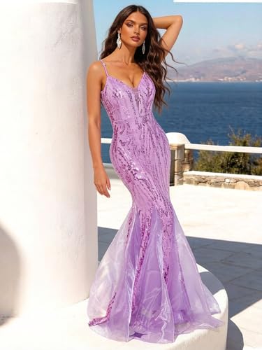 Image of Spaghetti Sequin Formal Dress Tulle Mermaid Floor Length Evening Night Party Gown