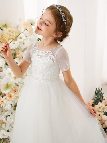 MCieloLuna 2025 Girls Princess Dresses Lace Tulle Flower Girl First Communion Dress Short Sleeve Wedding Pageant Gown2