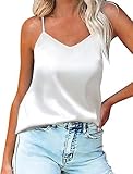 Ekouaer Women's Silk Satin Tank Top Sexy V Neck Cami Top Spaghetti Strap T Shirt Blouse A-White