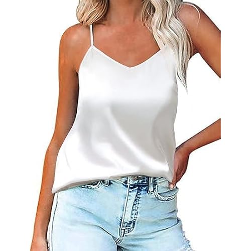 Ekouaer Women's Silk Tank Top V-Neck Camisole Silky Loose Sleeveless Blouse Satin Tank Shirt A-White