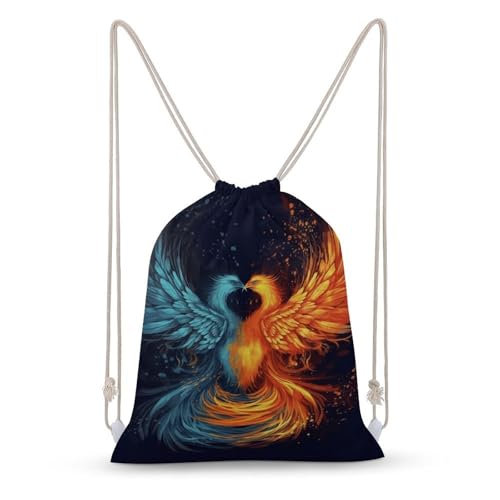 Fire And Water Phoenix Drawstring Backpack - Canvas Sports Gym Sackpack, Lightweight String Bag for Beach & Travel