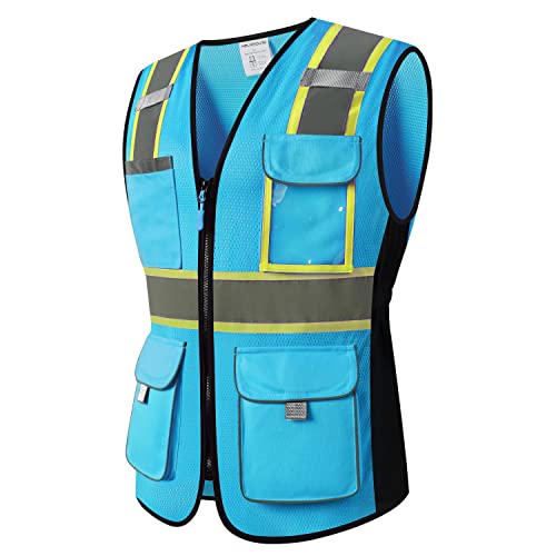 HoliSecure Safety Vest for women, Hi vis Reflective Lady Work vest With 9 Multi Pocket And Zipper(Blue Medium)