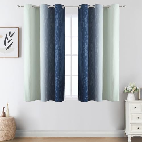 Estelar Textiler Sage Green and Navy Blue Ombre Blackout Curtains 45 Inches Long, Full Room Darkening Gradient Drapes for Kitchen, Thermal Insulated Grommet Curtains for Short Window,42Wx45L,2 Panels