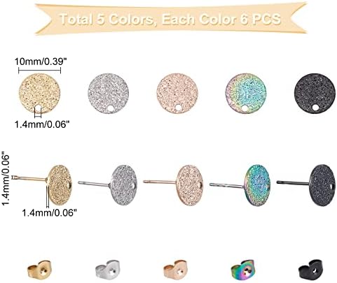 UNICRAFTALE 30pcs 5 Colors Textured Round Stud Earring Hypoallergenic Stud Earring Stainless Steel Earring Component with Ear Nuts for DIY Jewelry Making 0.8mm Pin