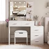 Maupvit Vanity Desk with Mirror and 10 Bulb Lights, 43' Makeup Vanity Set with Power Outlet & Chair, 5 Large Drawers, 3 Open Shelves, Dressing Table with 3 Lighting Color Adjustable for Bedroom, White