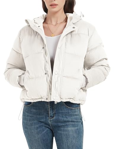 Flygo Winter Jackets for Women with Hood Corduroy Puffer Coat Long Sleeve Padded Down Coats(White-L)